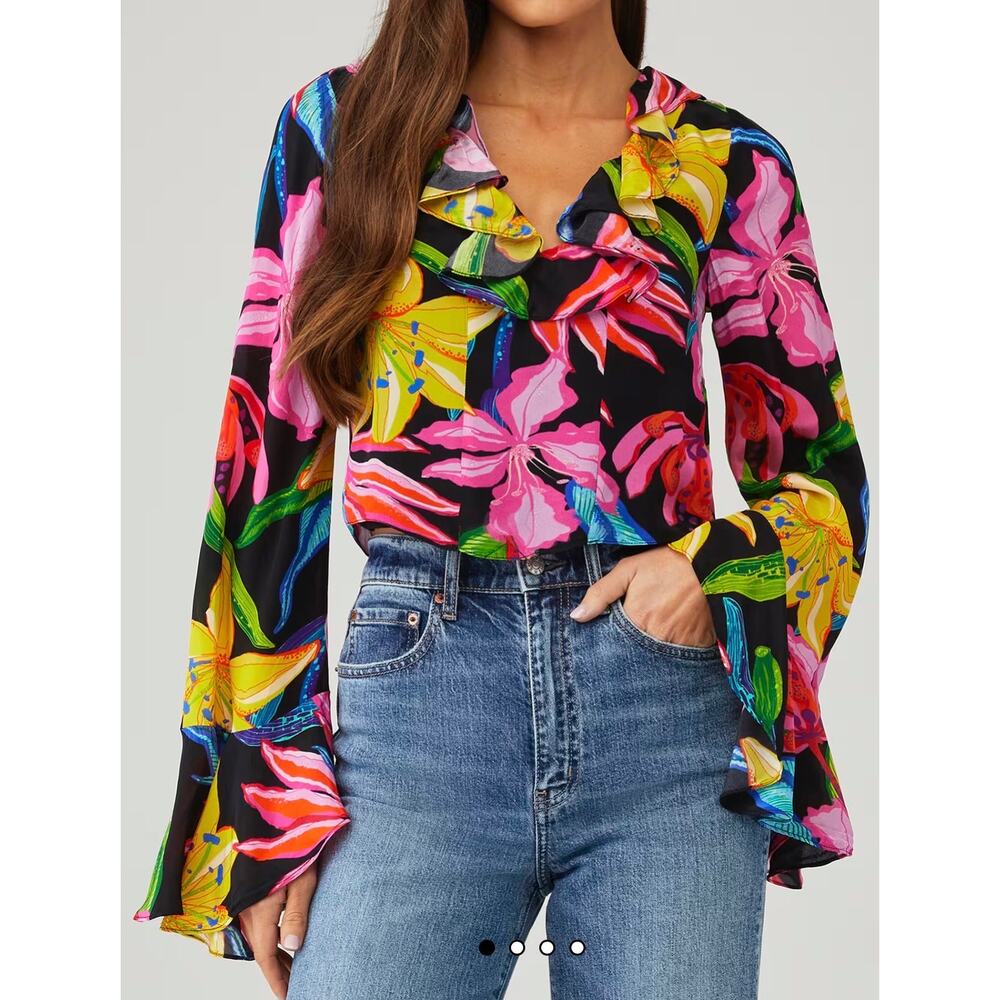 Rococo Sand Blouse Floral Tropical Print Long Ruffle Cuff Sleeve New